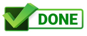 Green check mark over dark square and the word DONE inside a light green rectangle.