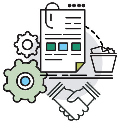 Documents, gears, handshakes, and a trash bin symbolizing a business process or agreement.