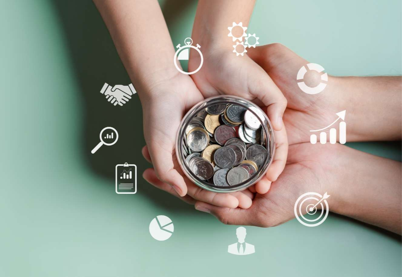 Hands holding a jar of coins, with business icons overlayed.