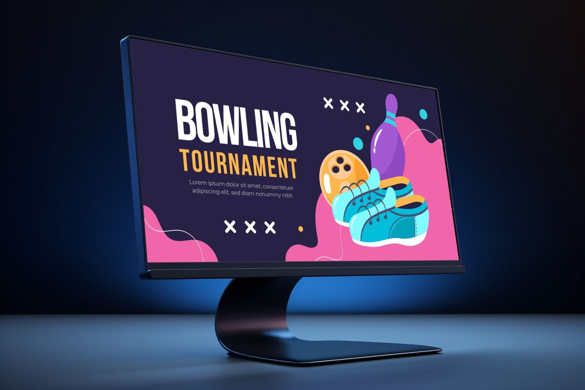 Bowling tournament promotion on a computer screen. Graphic with bowling pin, ball, shoes in blue, pink, and yellow.