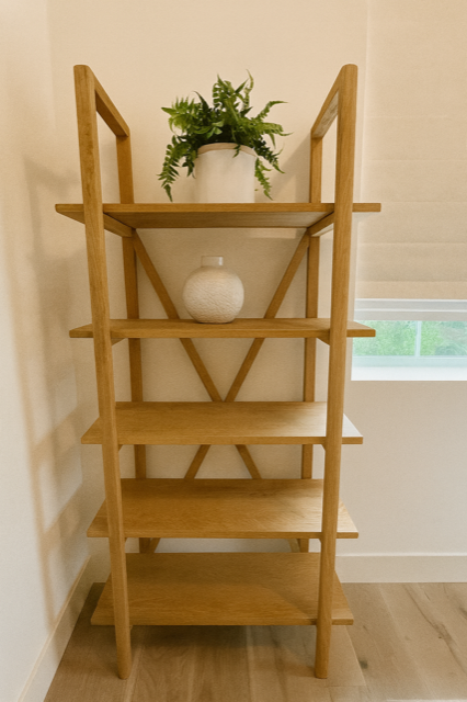 Wooden bookshelf with plants and a decorative vase, set against a white wall and window.