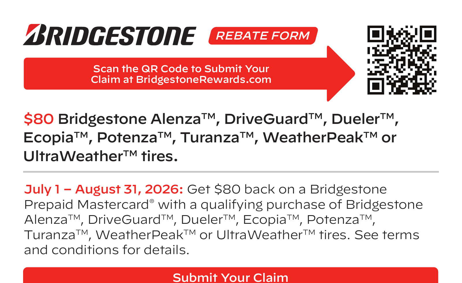 Bridgestone $80 Rebate — Offer Ends August 31, 2026