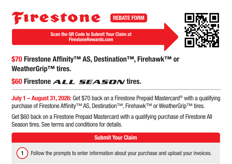 Firestone Rebate Up to $70 — Offer Ends August 31, 2026