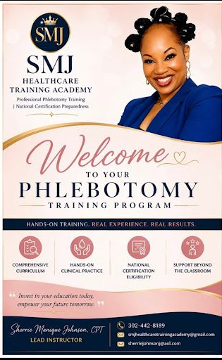 SMJ Healthcare flyer for phlebotomy training program with smiling woman in blue scrubs on peach background