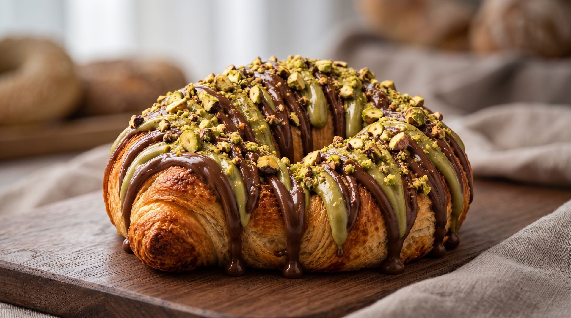 Chocolate-drizzled croissant topped with pistachios on a wooden board