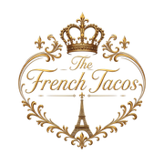Gold ornate logo for The French Tacos with crown, Eiffel Tower, and heart flourish on white background