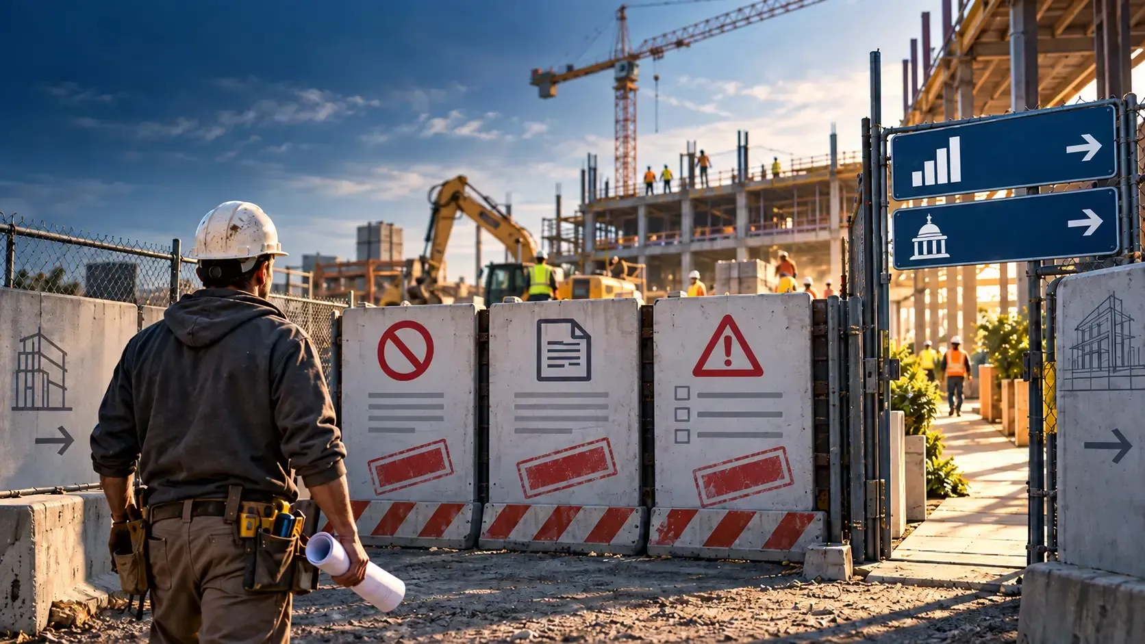 Construction site entrance with a worker in hard hat, safety barriers, cranes, and direction signs.