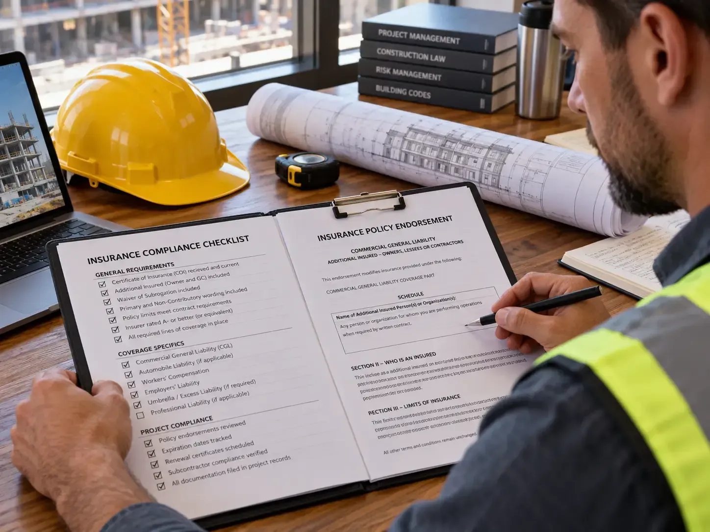 Construction worker reviewing plans at a desk with a hard hat, laptop, blueprints, and rolled drawings