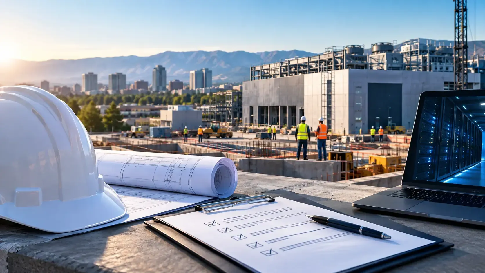 Construction site with hard hat, blueprints, and laptop overlooking a city skyline at sunset
