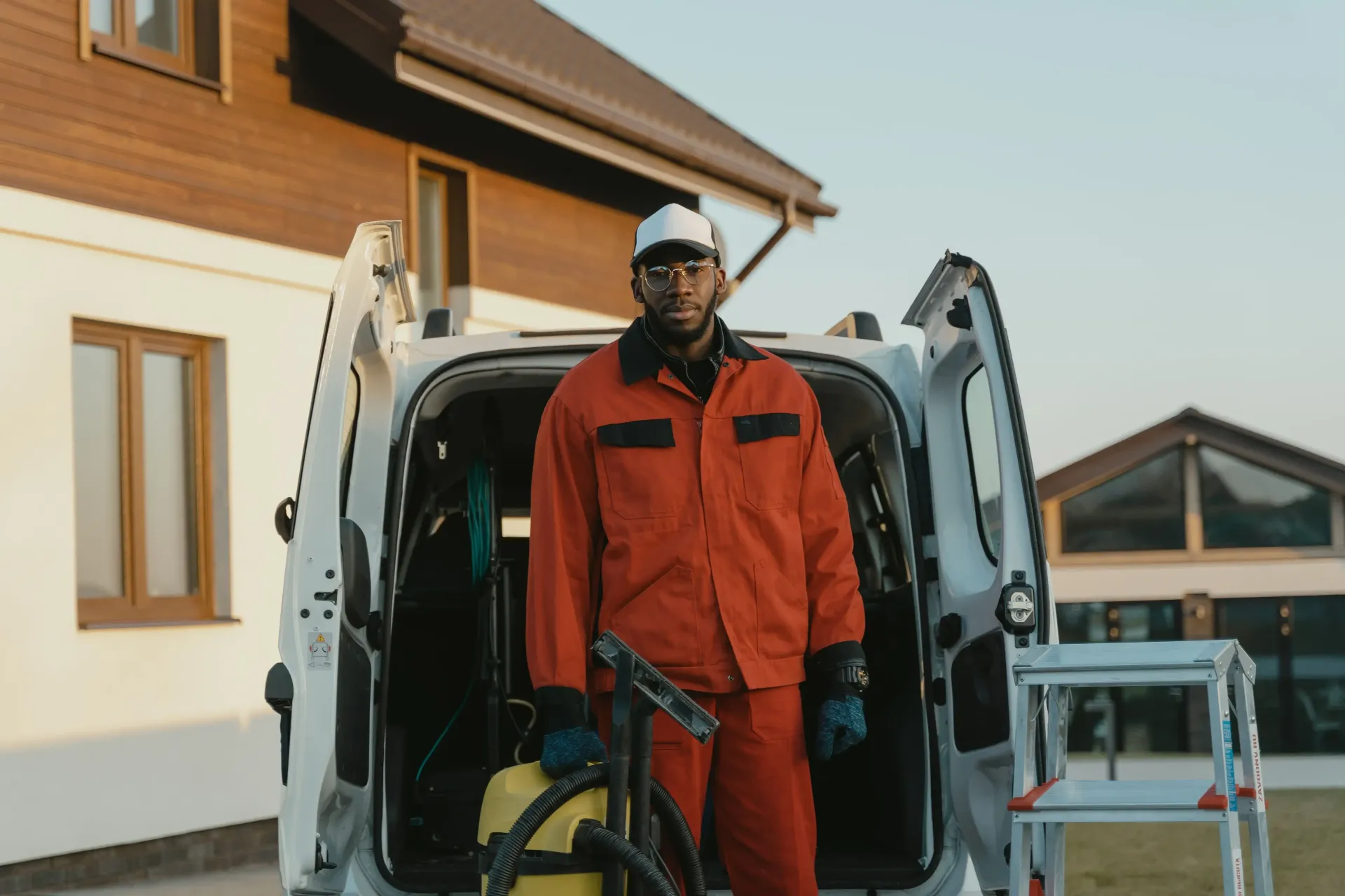 Worker in orange coveralls stands by an open service van outside a house.