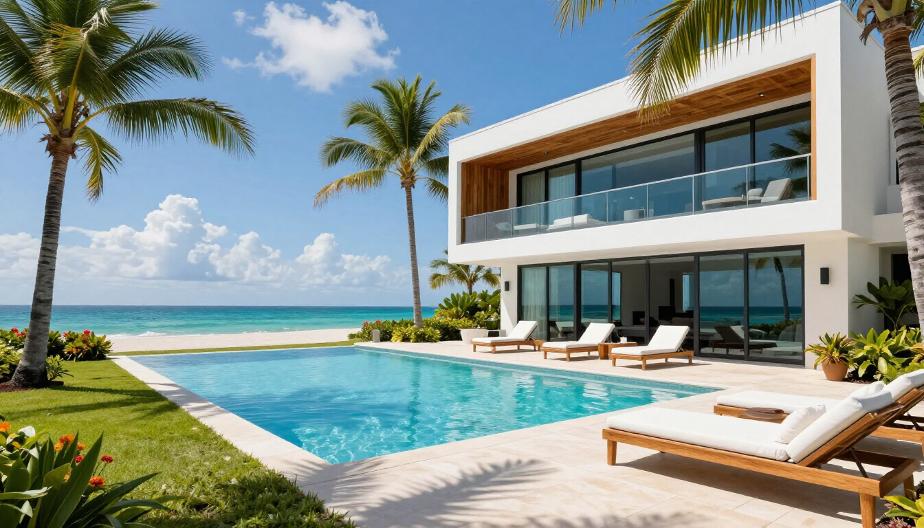 Luxury beachfront villa with infinity pool, palm trees, and lounge chairs overlooking the ocean