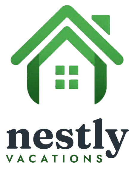Green house logo with the text “Nestly Vacations” on a white background