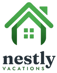 Green house logo with the text “Nestly Vacations” on a white background