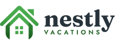 Nestly Vacations logo with green house icon and dark text on white background