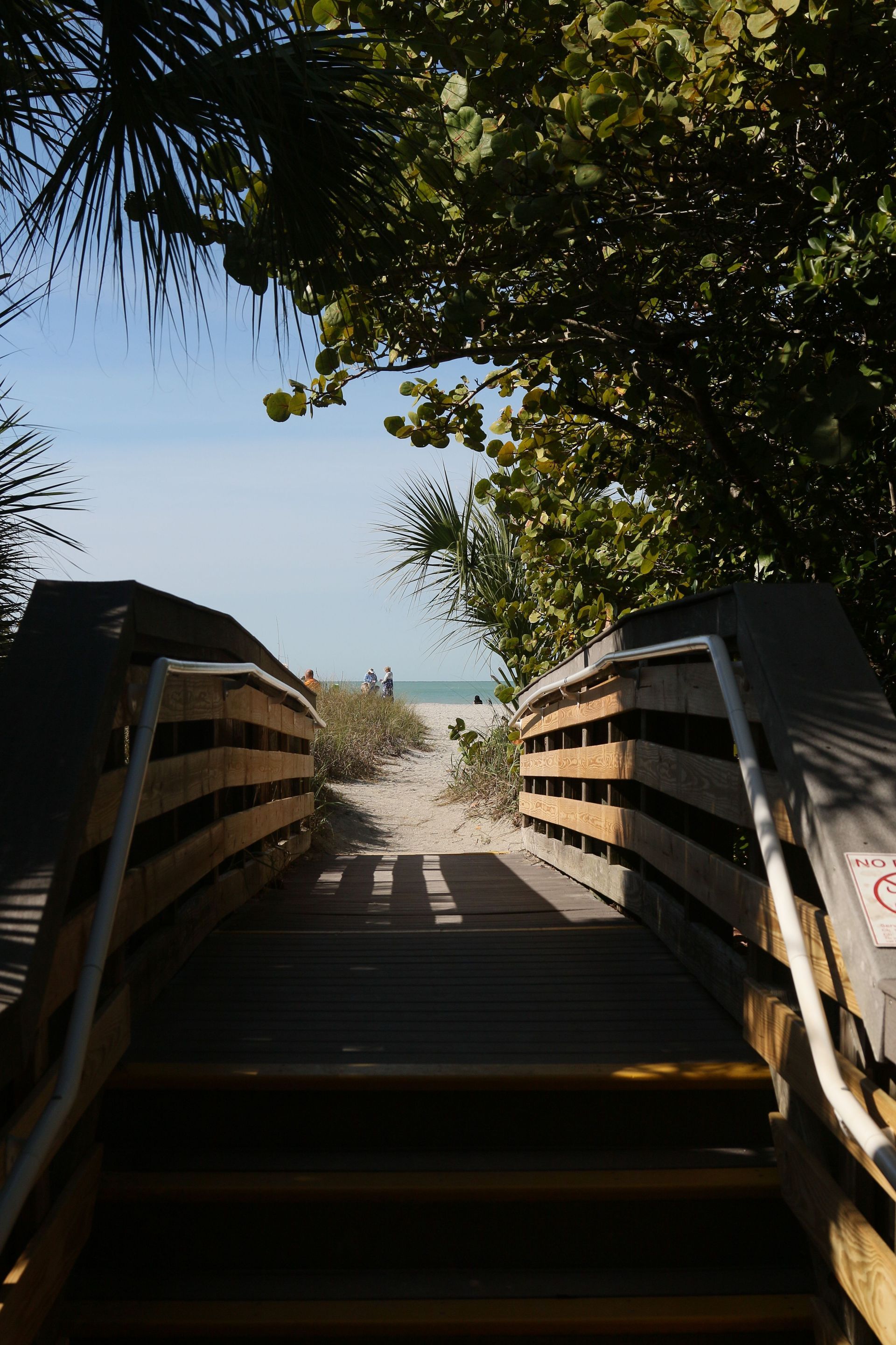 Wooden boardwalk stairs leading through trees toward a bright sandy beach and ocean beyond