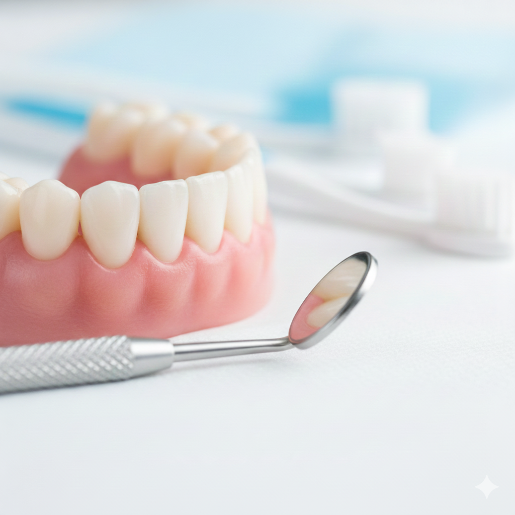 Dentiere e specchio dentale su una superficie bianca, con spazzolini da denti e mascherina chirurgica sfocati sullo sfondo.
