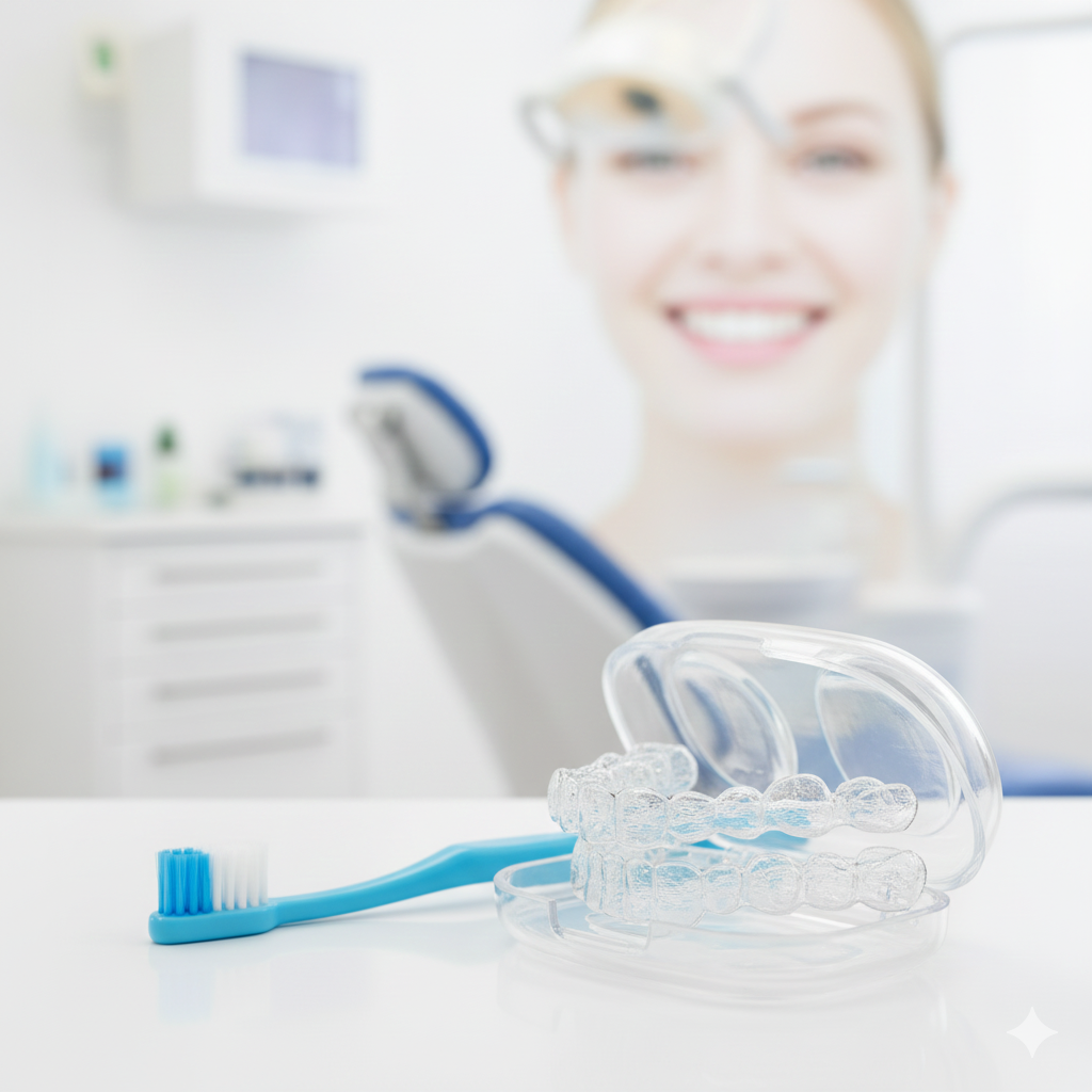 Un apparecchio trasparente e uno spazzolino da denti su un tavolo in uno studio dentistico, con un paziente sorridente sullo sfondo.