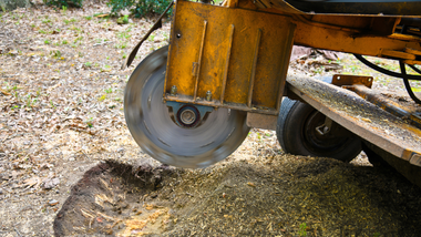A yellow utility cart’s wheel on gravel, with a loose tire or wheel assembly nearby.