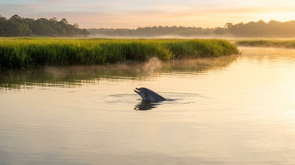 Bottlenose dolphin surfacing in calm morning water on Broad Creek near Hilton Head Island