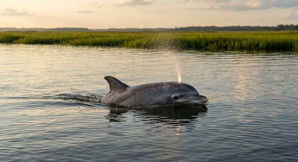 Atlantic bottlenose dolphin surfacing in the calm tidal water of Broad Creek off Hilton Head Island
