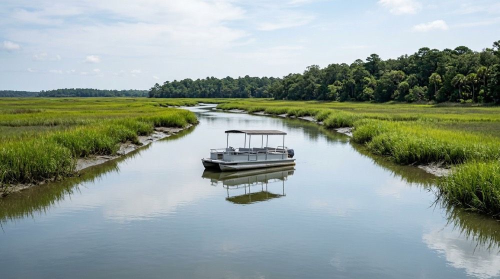 Small dolphin tour boat on calm Broad Creek tidal water with green Lowcountry marsh grass