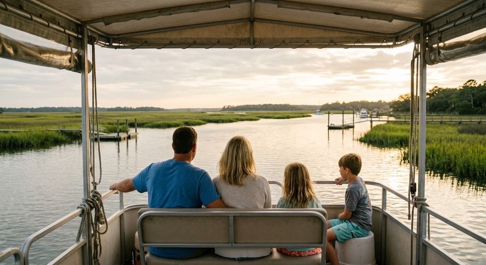 Family on a covered Dolphin & Nature Tour boat watching the Broad Creek salt marsh on Hilton Head