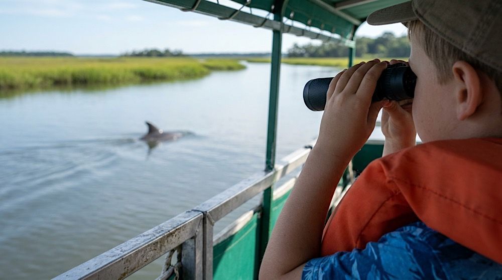 Child's hands holding binoculars at a tour boat rail as a dolphin fin surfaces in Hilton Head