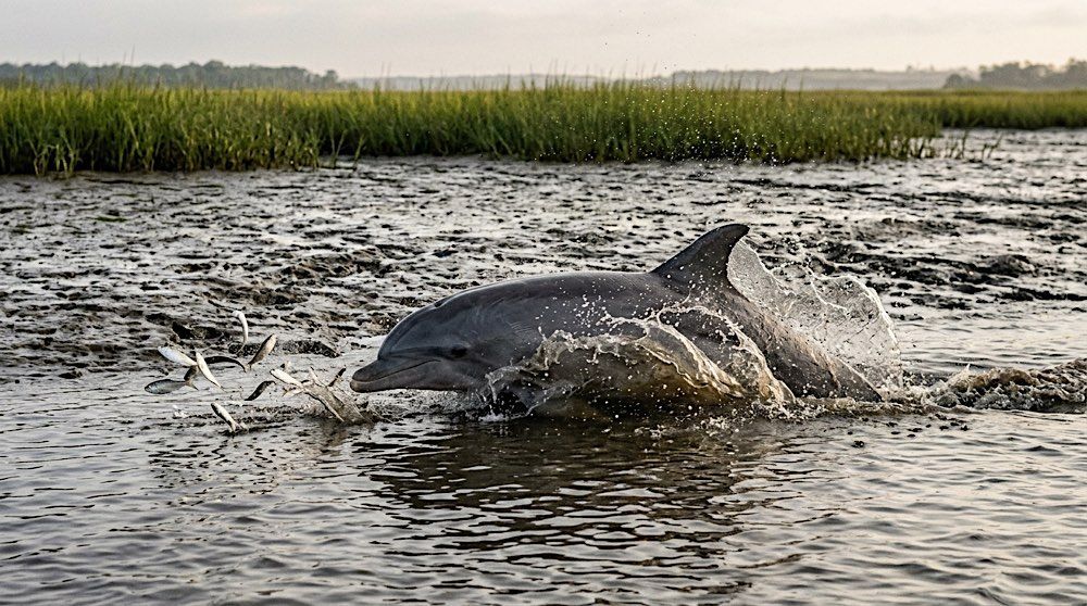 Bottlenose dolphin chasing a school of small silver fish along a muddy salt marsh bank at low tide