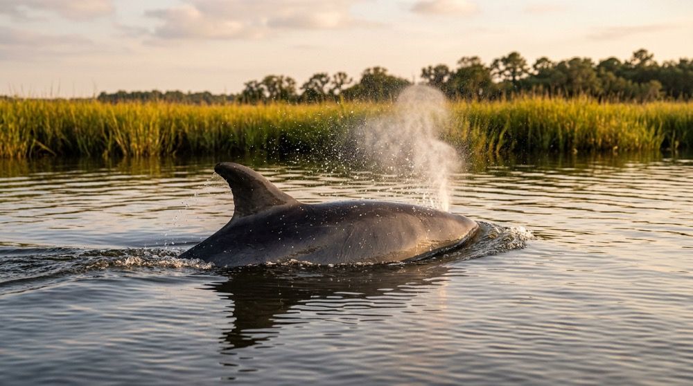 Wild Atlantic bottlenose dolphin surfacing close in Broad Creek near Hilton Head