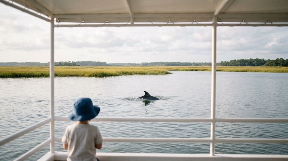 View from a Hilton Head dolphin tour boat of a bottlenose dolphin surfacing in Broad Creek