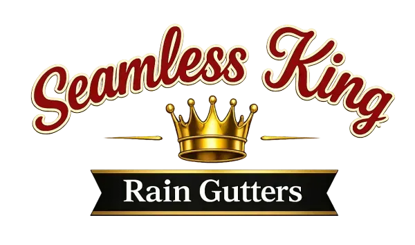 Seamless King logo with gold crown and black banner reading “Rain Gutters”