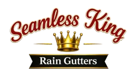 Seamless King logo with gold crown and black banner reading “Rain Gutters”