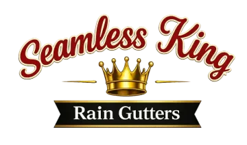 Seamless King logo with gold crown and black banner reading “Rain Gutters”