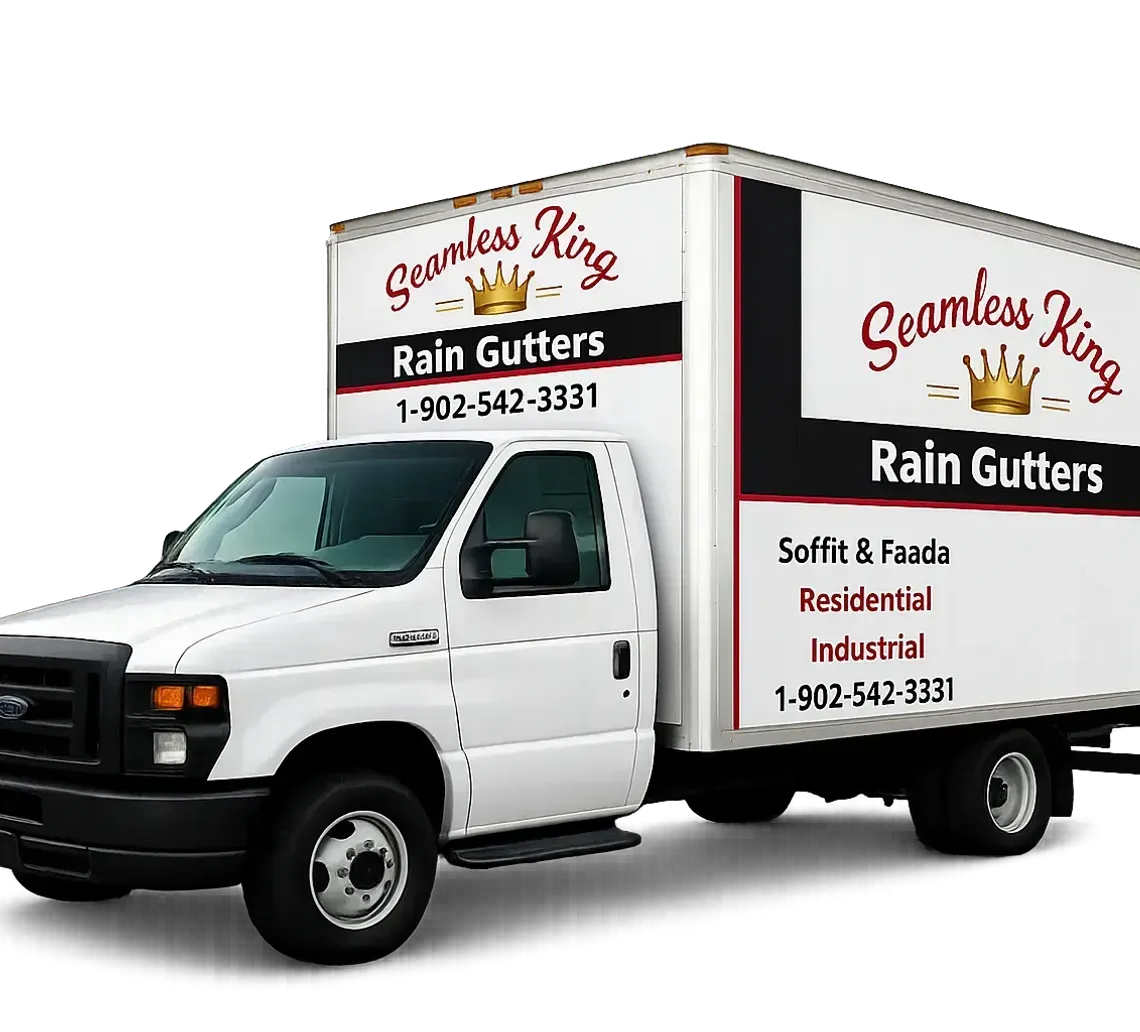 White box truck with “Legends King Rain Gutters” branding and service contact information