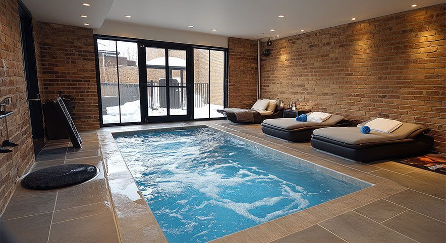 Indoor pool room with a narrow blue lap pool, lounge chairs, and brick walls