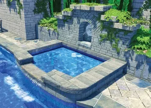 Stone courtyard with a small blue pool, steps, and ivy-covered walls in sunlight