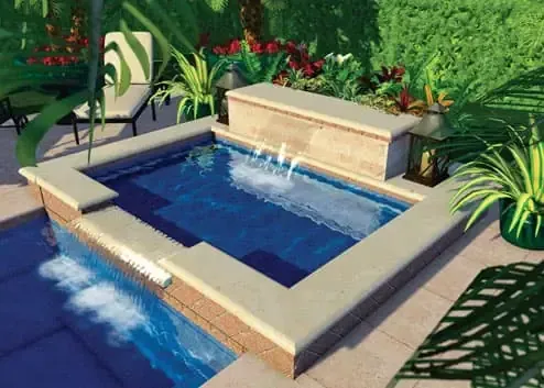 Backyard stone hot tub and small pool with blue water, surrounded by lush green plants