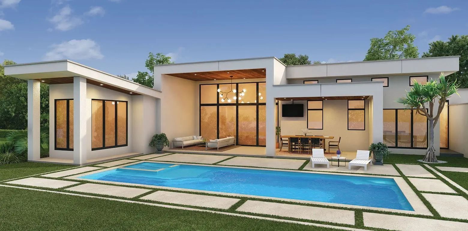 Modern single-story house with large windows, a patio, and a swimming pool at dusk