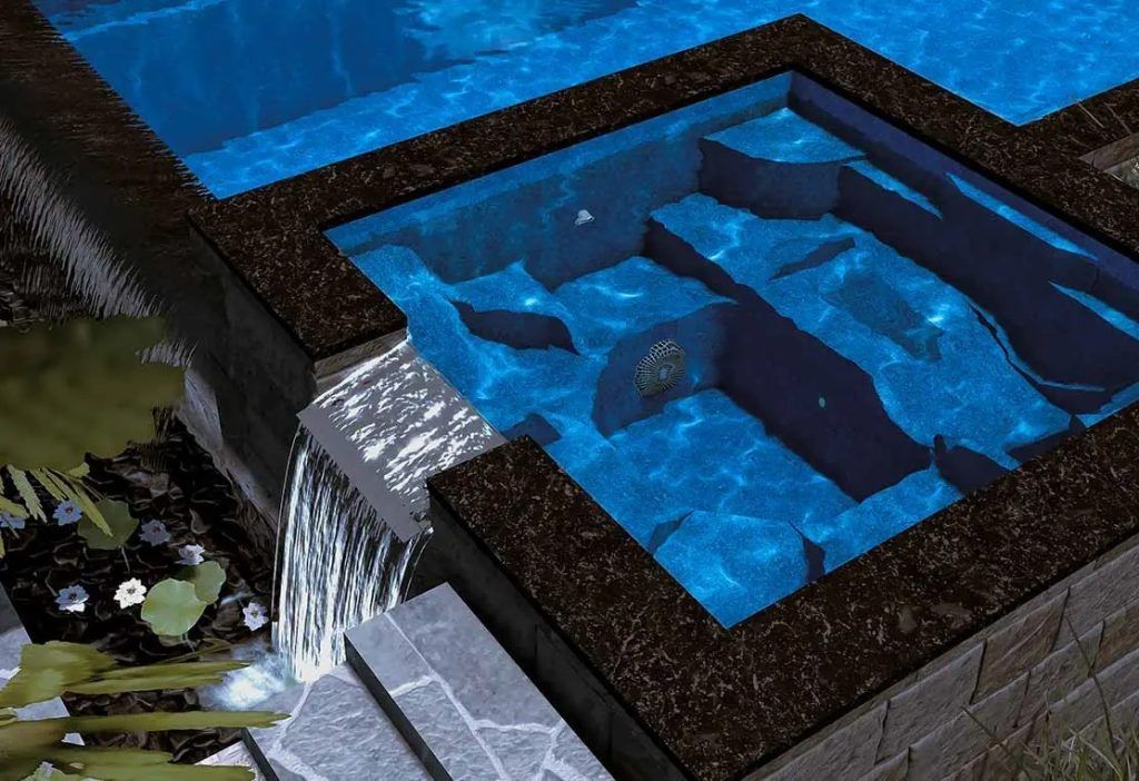 Minecraft-style blue water flowing into a square stone basin with channels and steps, viewed from above