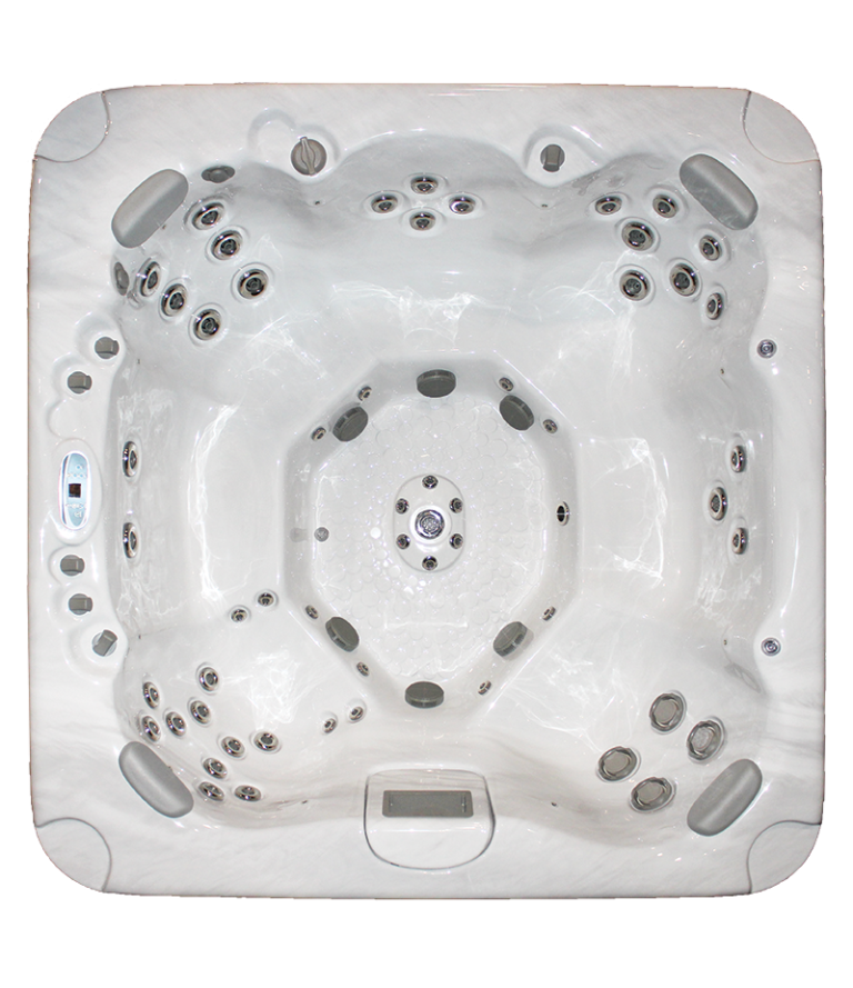 Top-down view of a white hot tub with multiple seats, jets, and armrests