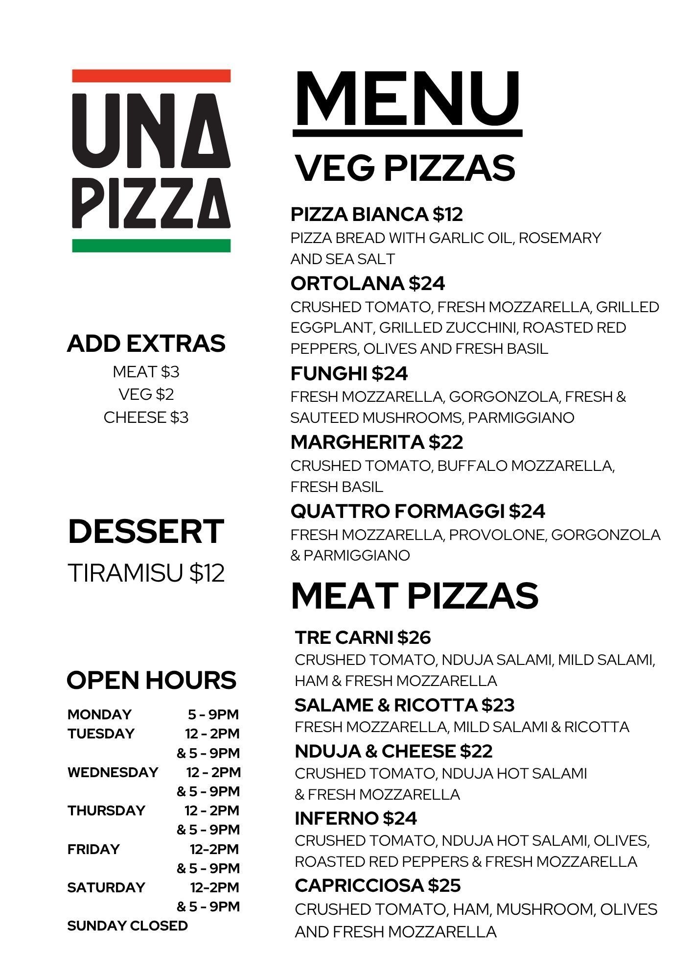 Menu for Una Pizza featuring vegetarian and meat pizzas, extras, dessert, and open hours.