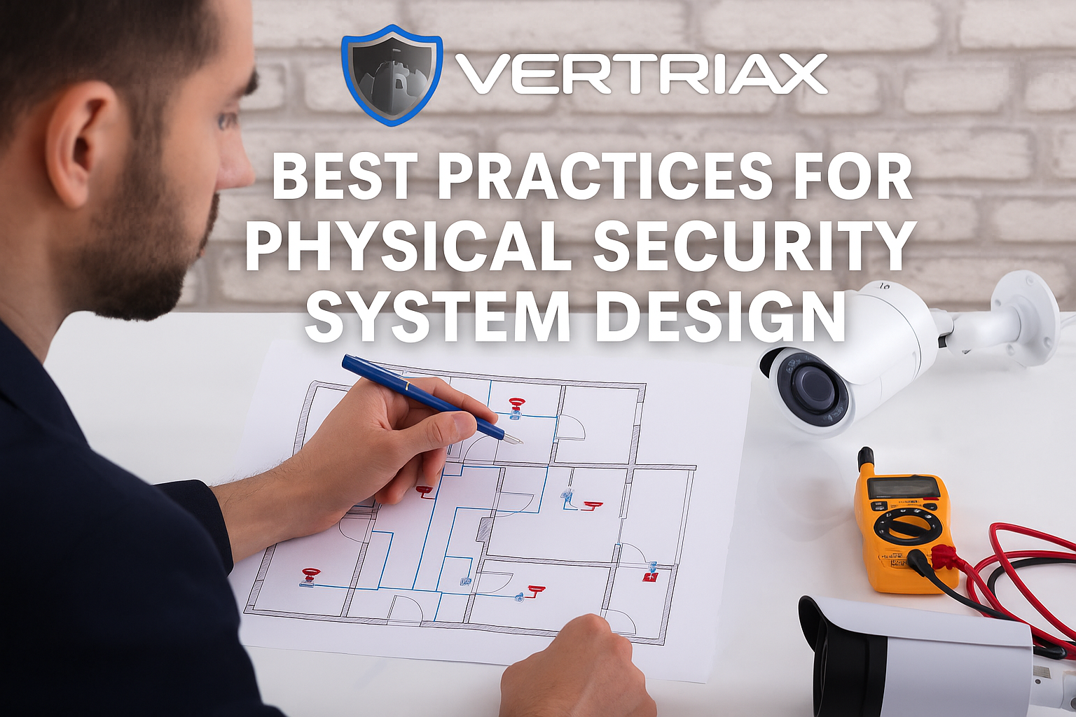 Security expert planning system design layout with surveillance tools and Vertriax branding visible.