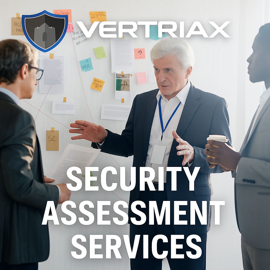 Business team discussing strategy with overlay text: Security Assessment Services by Vertriax.