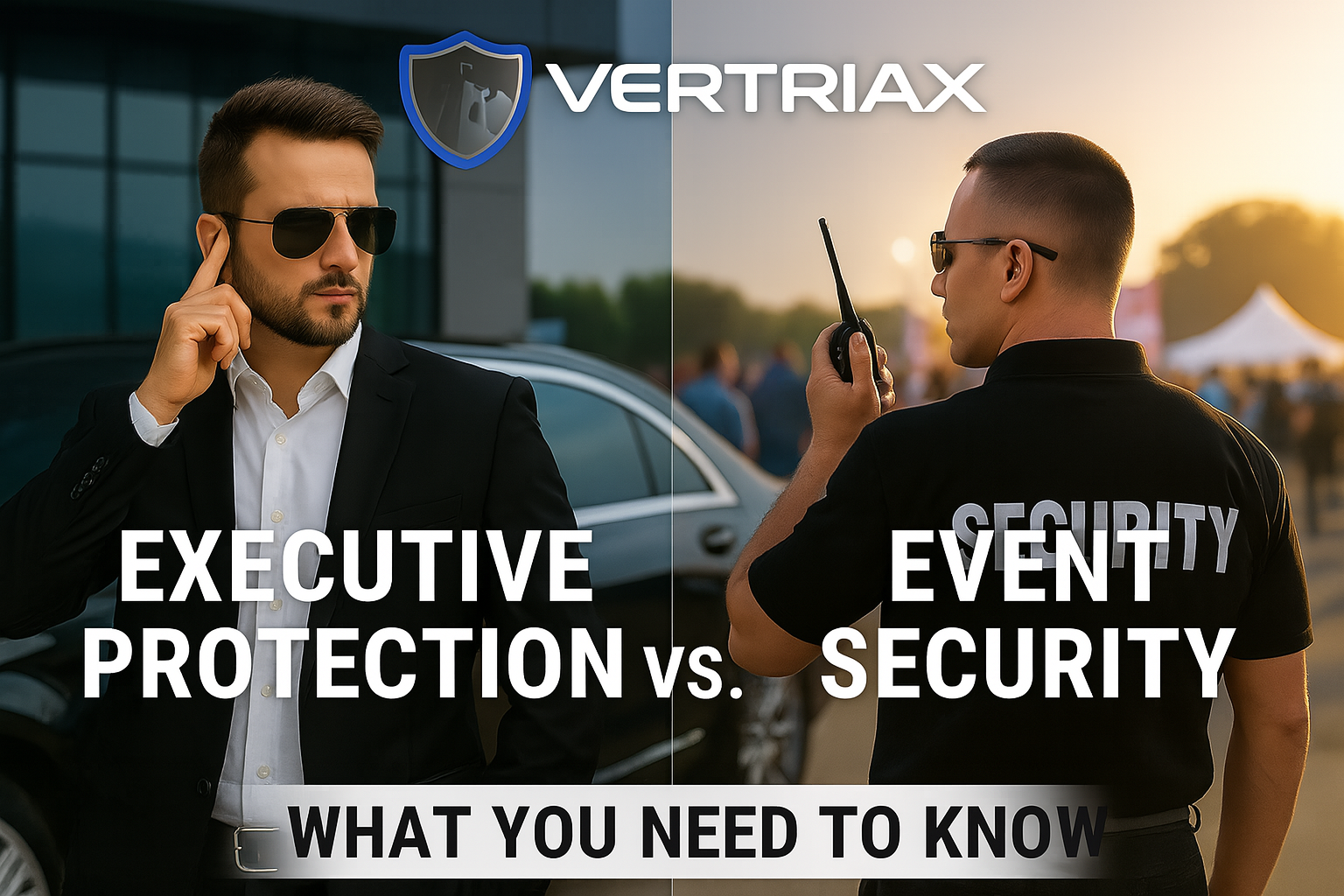 Two security professionals represent executive protection and event security for Vertriax clients.