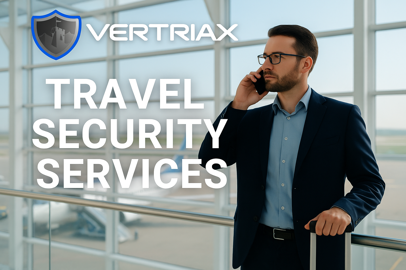 Vertriax client on phone at airport with suitcase, using travel security services while in transit.