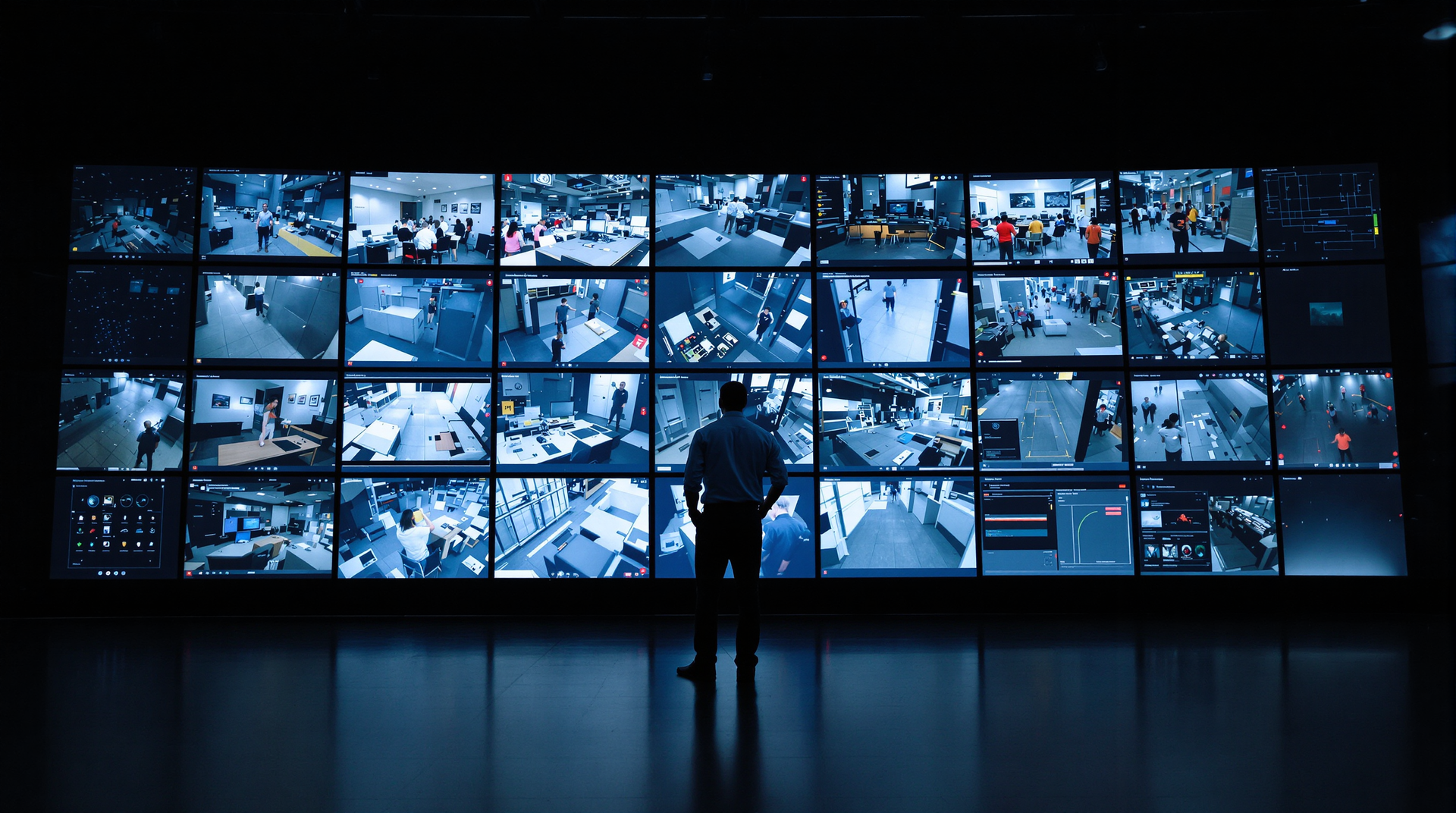 A man is standing in front of a wall of monitors vertriax advanced security solutions