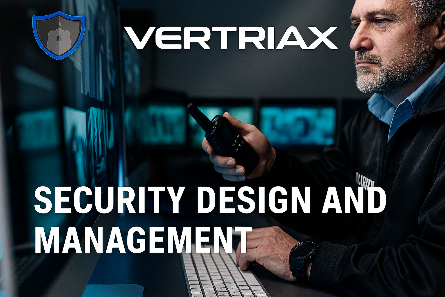Security expert monitoring screens with radio, text reads 