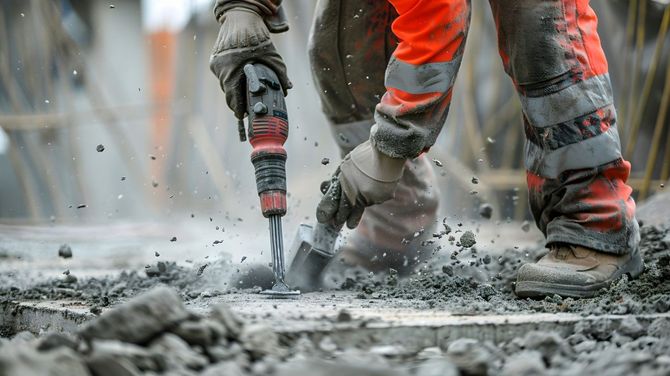 Construction workers jackhammering wet concrete in orange safety gear
