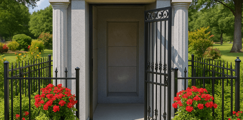 Small gray garden shed entrance with black gates and red flowers on both sides