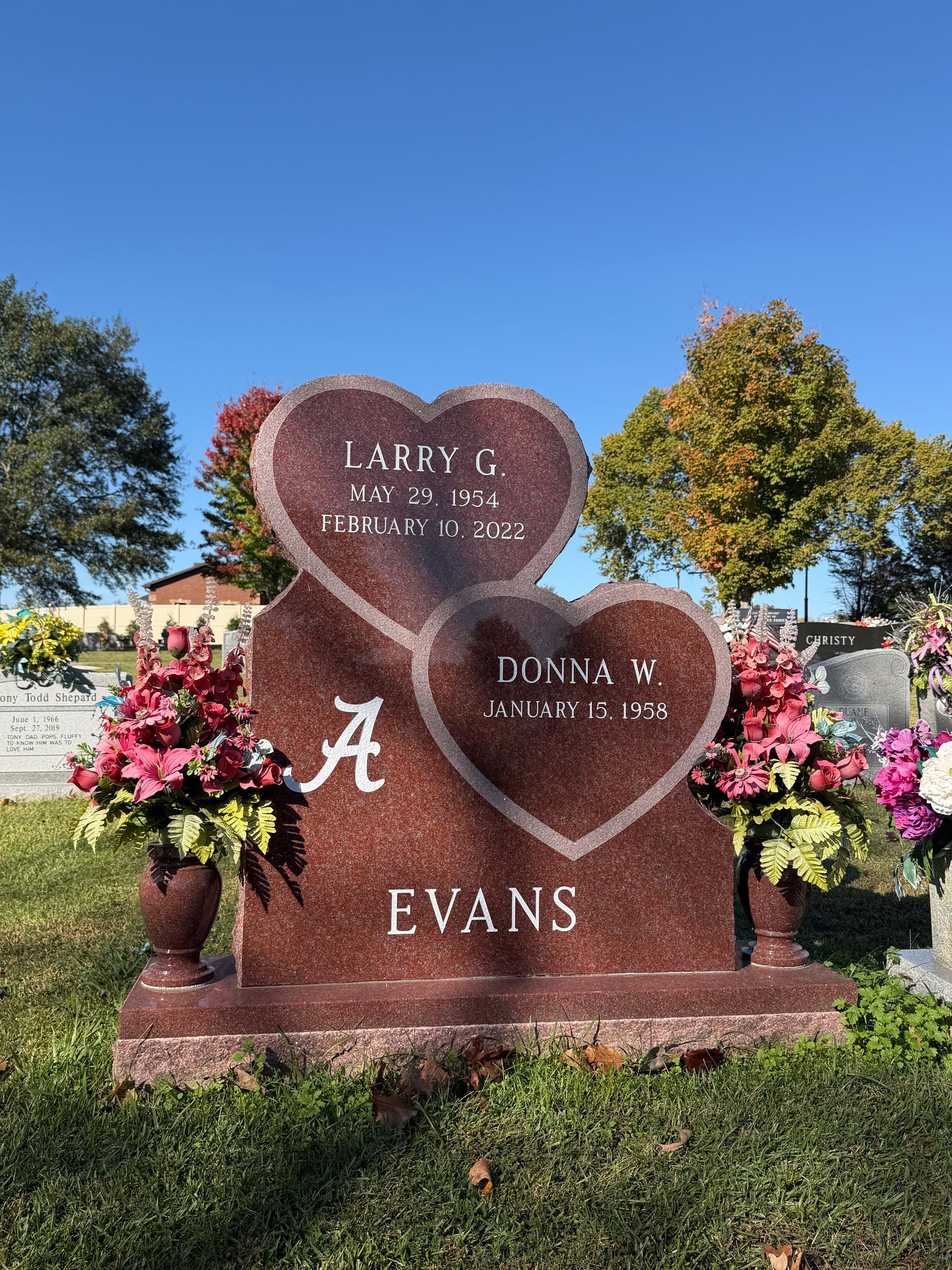 Heart-shaped granite memorial stone with flowers and the name Evans in a sunny cemetery.